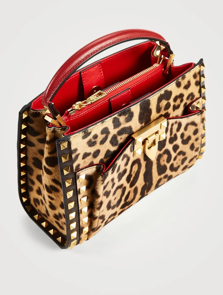 Small Alcove Rockstud Leather Top Handle Bag In Leopard Print