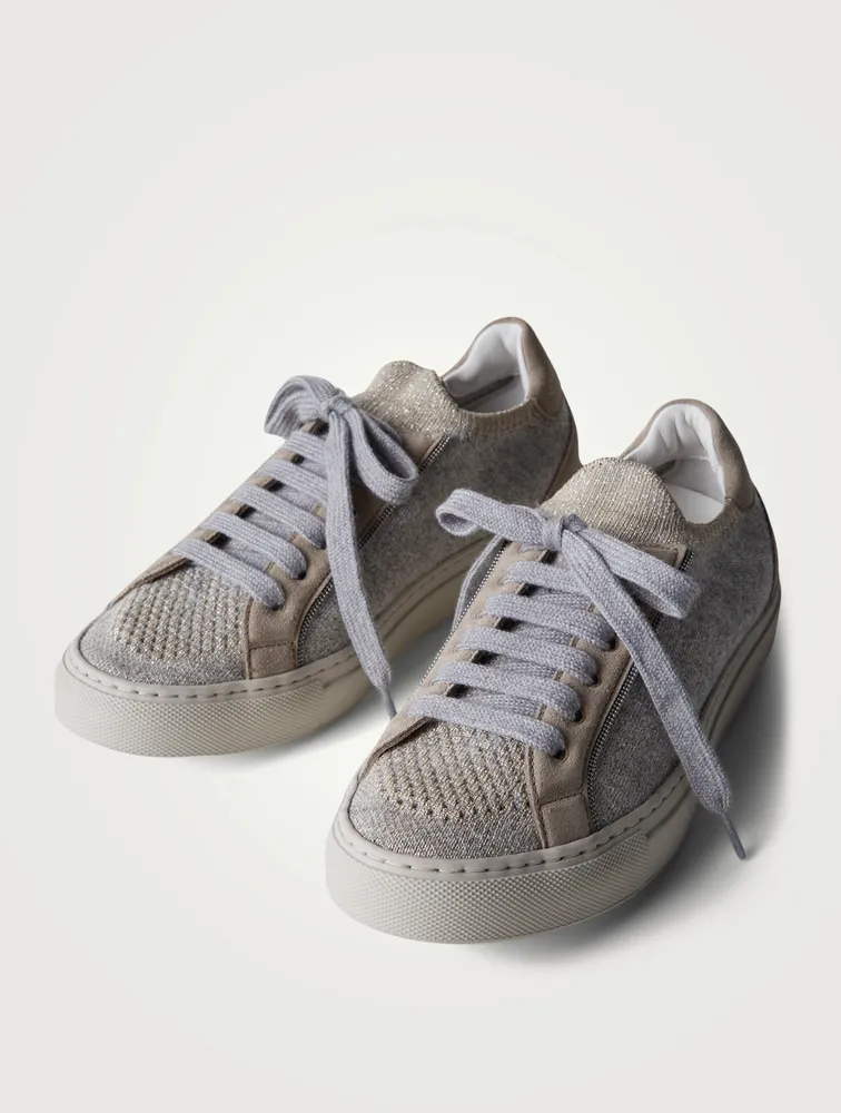 Sparkling Wool Knit And Suede Sneakers With Monili Trim