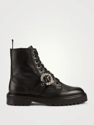 Cora Leather Combat Boots With Crystal Buckle