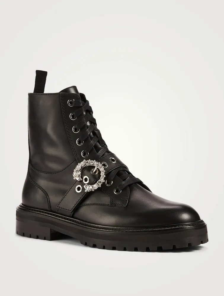 Cora Leather Combat Boots With Crystal Buckle