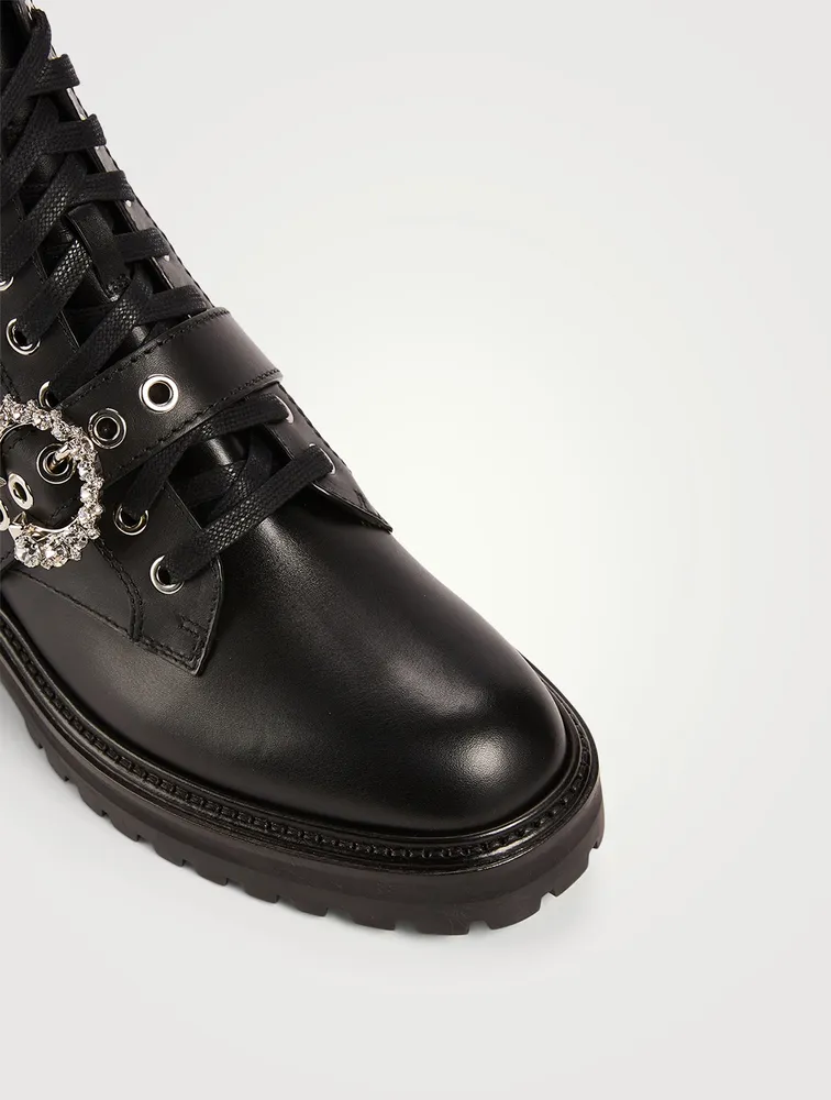 Cora Leather Combat Boots With Crystal Buckle