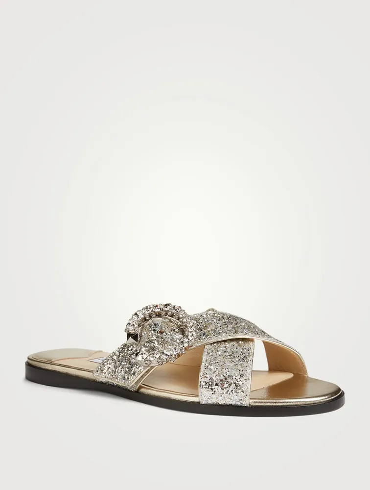 Marle Coarse Glitter Slide Sandals With Crystal Buckle