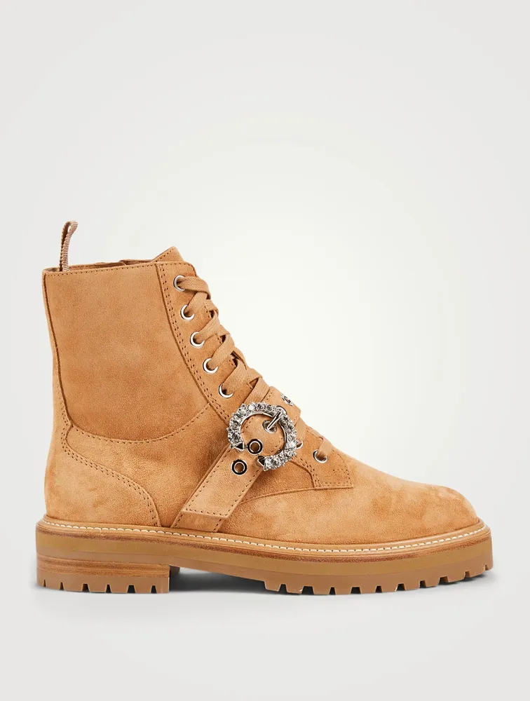 Cora Suede Combat Boots With Crystal Buckle