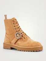 Cora Suede Combat Boots With Crystal Buckle