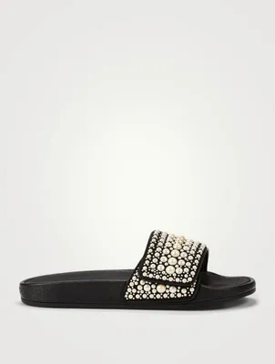 Fitz/F Canvas And Leather Pool Slide Sandals With Pearls
