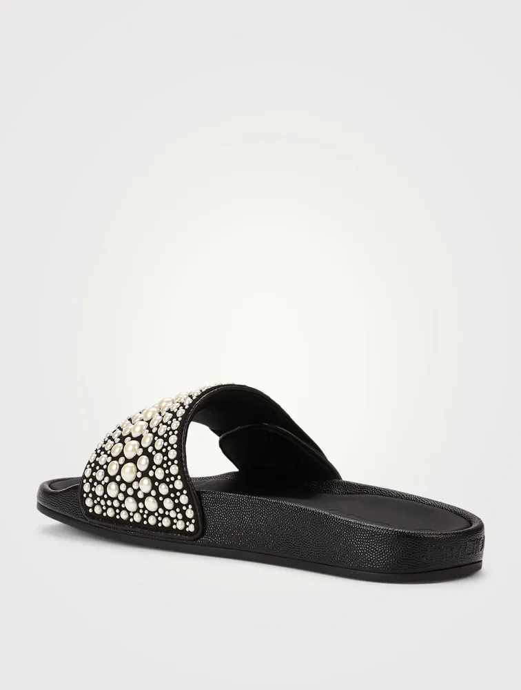 Fitz/F Canvas And Leather Pool Slide Sandals With Pearls