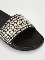 Fitz/F Canvas And Leather Pool Slide Sandals With Pearls