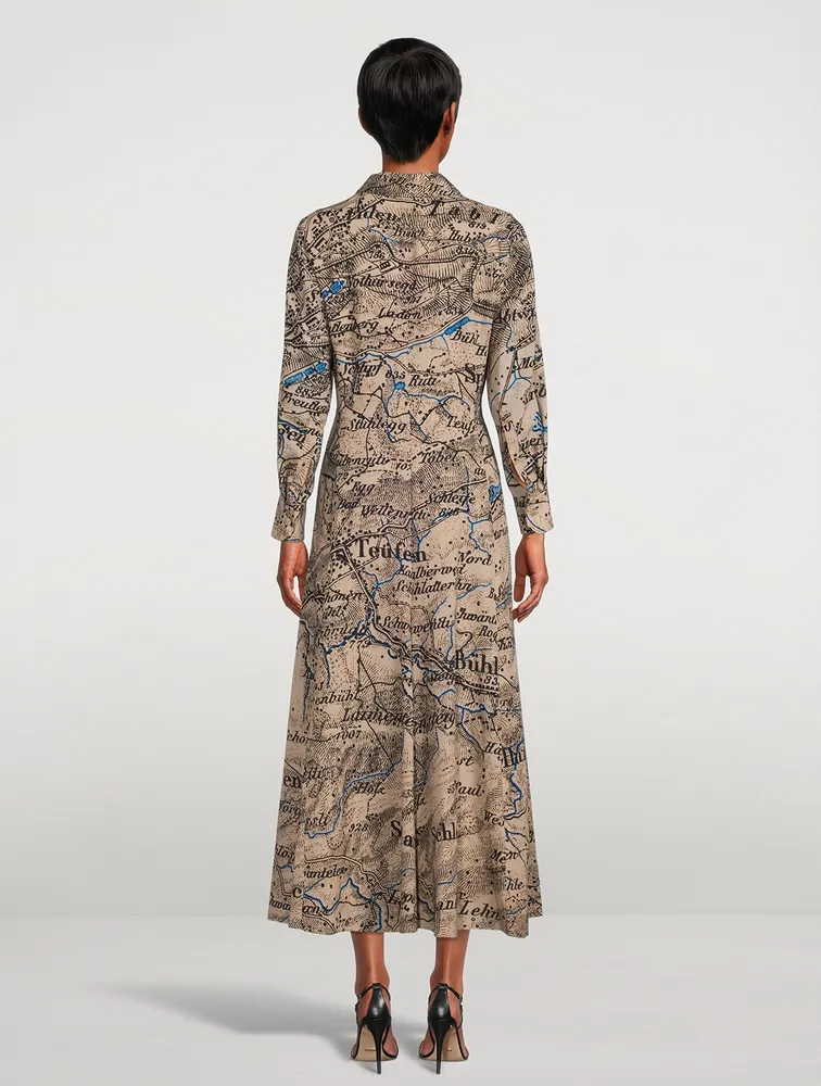 Long-Sleeve Wool Shirt Dress Map Print