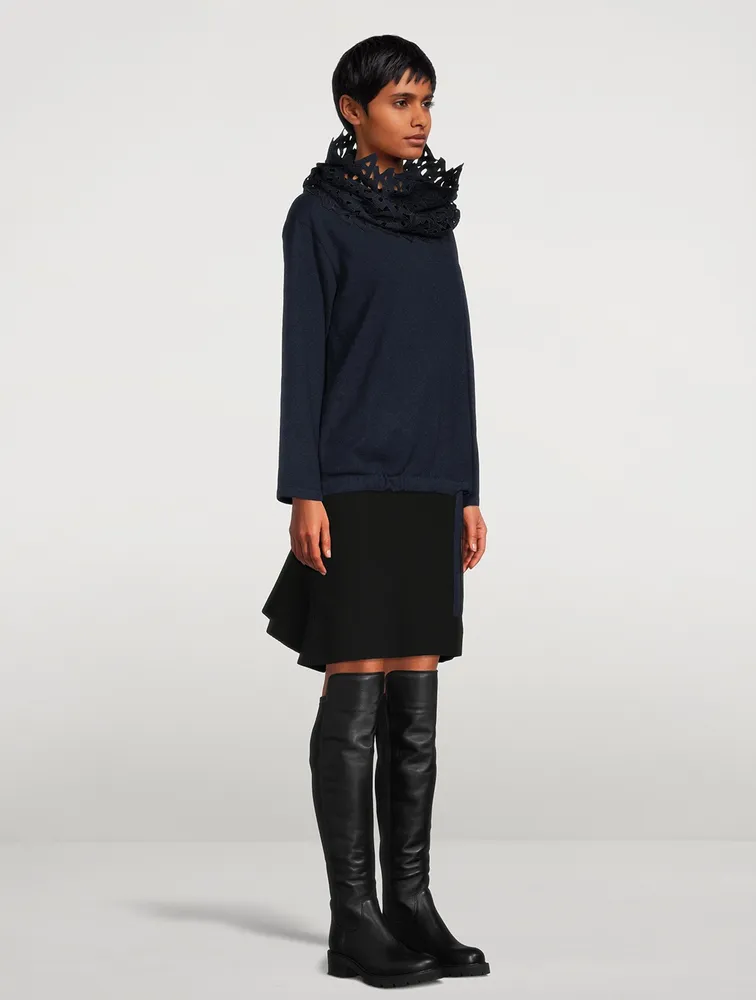 Drawstring Cashmere Top With Embroidered Snood