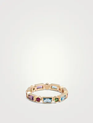 Bague Cléo en or 14 ct à ornement géométrique serti de pierres multicolores taille baguette