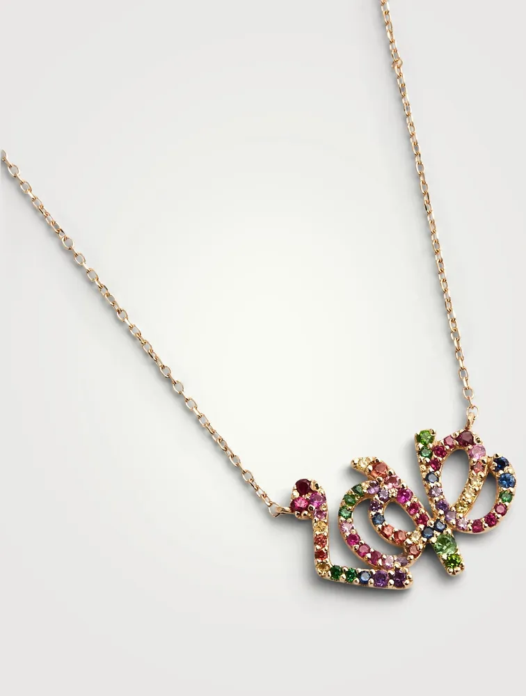 Love Letter 14K Gold Rainbow Pavé Script Necklace With Multicolour Sapphires