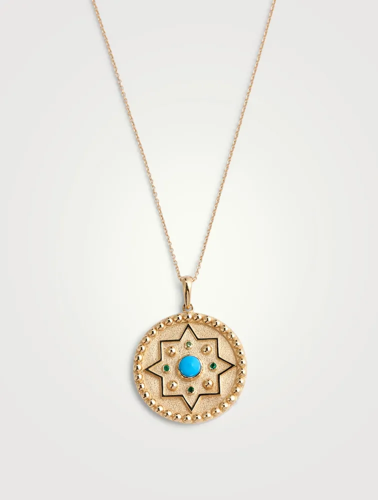 Aztec 14K Gold Dew Drop Mayan Medallion Necklace With Turquoise And Emerald