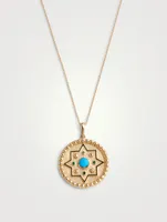 Aztec 14K Gold Dew Drop Mayan Medallion Necklace With Turquoise And Emerald