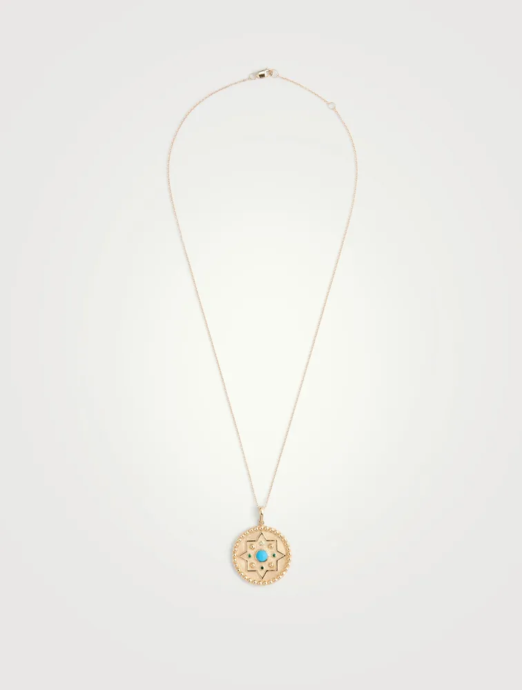 Aztec 14K Gold Dew Drop Mayan Medallion Necklace With Turquoise And Emerald