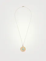 Aztec 14K Gold Dew Drop Mayan Medallion Necklace With Turquoise And Emerald