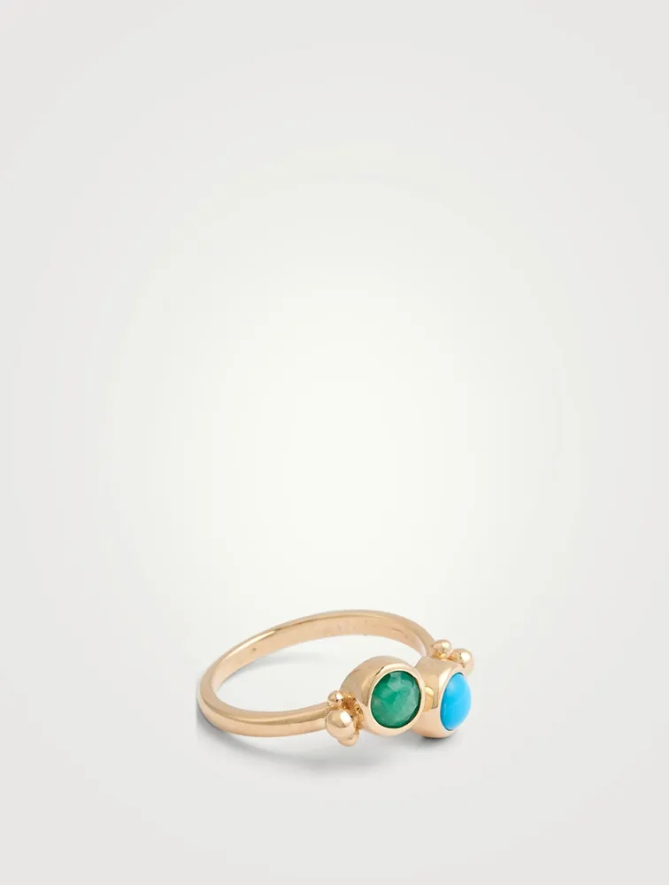 Dew Drop 14K Gold Bubbling Brook Twist Ring With Turquoise And Emerald