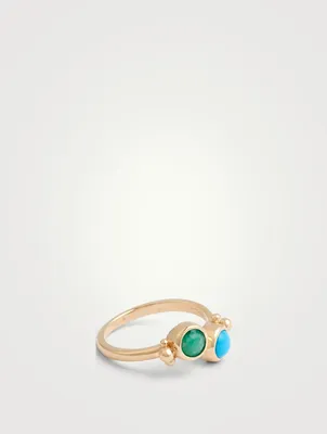 Dew Drop 14K Gold Bubbling Brook Twist Ring With Turquoise And Emerald