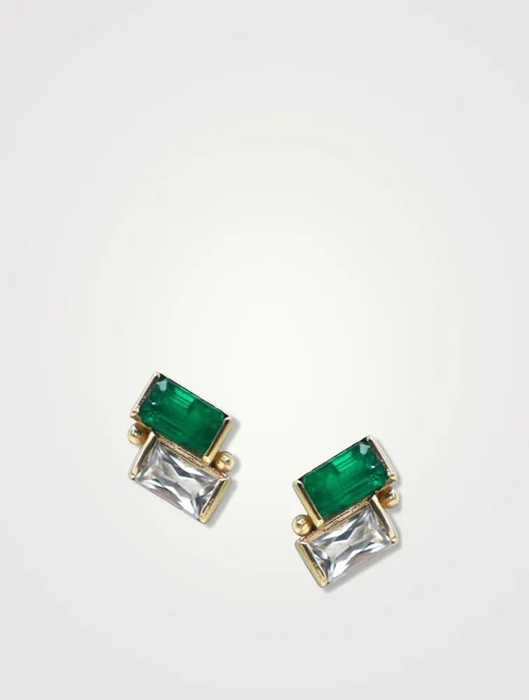 Classique 14K Gold Deux Carré Stud Earrings With Emerald And White Topaz