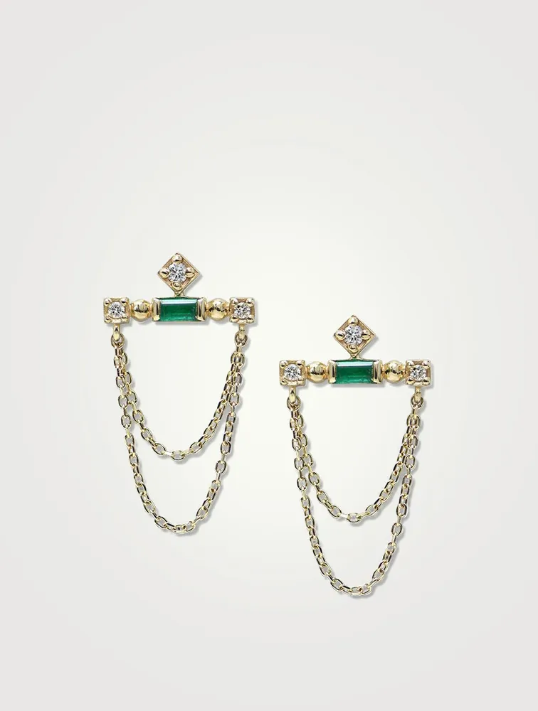 Cléo 14K Gold Bar Chain Earrings With Emeralds And Diamonds