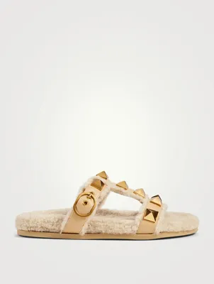 Roman Stud Leather And Shearling Slide Sandals