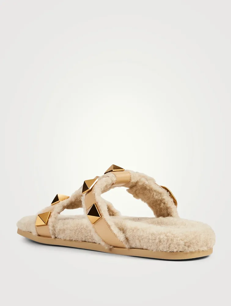 Roman Stud Leather And Shearling Slide Sandals