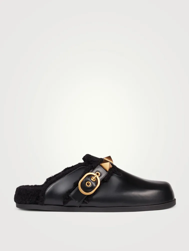 Roman Stud Leather And Shearling Flat Mules