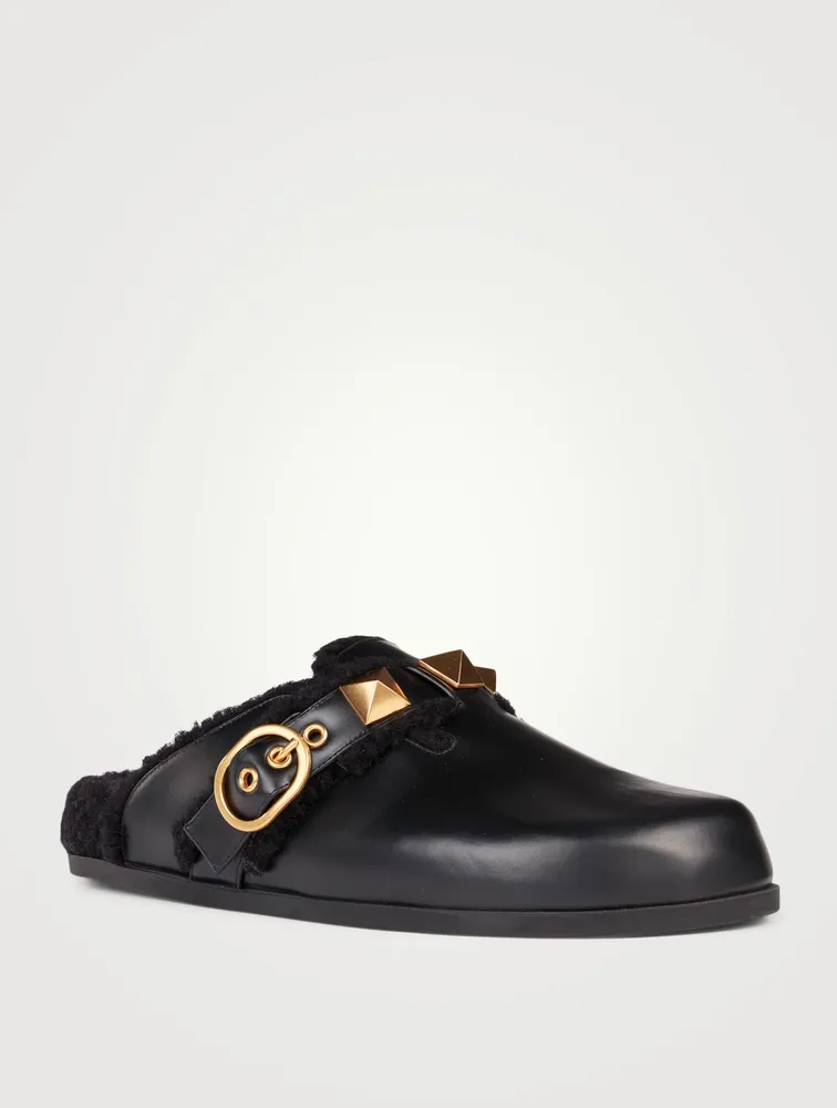 Roman Stud Leather And Shearling Flat Mules