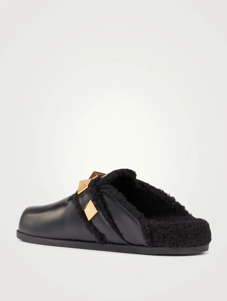 Roman Stud Leather And Shearling Flat Mules