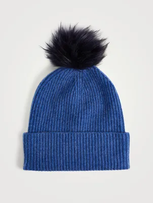 Turnback Cashmere Ribbed Beanie With Faux Fur Pom