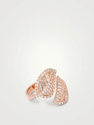 18K Rose Gold Leaf Ring With Diamonds