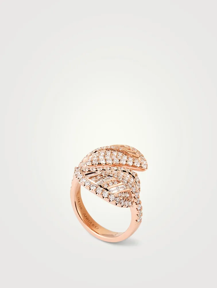 18K Rose Gold Leaf Ring With Diamonds