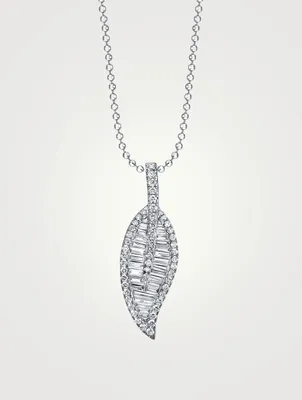 Large 18K White Gold Leaf Pendant Necklace With Diamonds