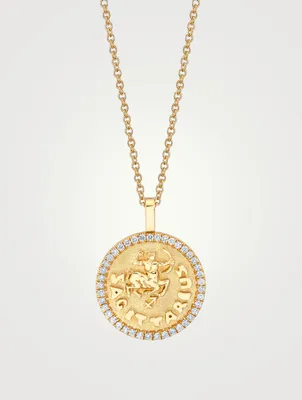 18K Gold Zodiac Sagittarius Coin Pendant Necklace With Diamonds