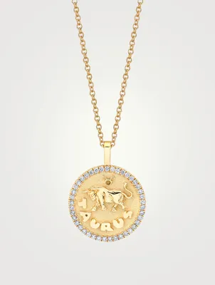 18K Gold Zodiac Taurus Coin Pendant Necklace With Diamonds