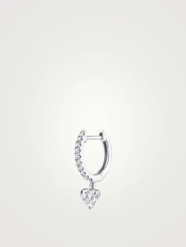 18K White Gold Diamond Huggie Hoop Earring With Heart Diamond Drop