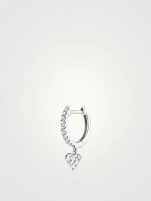 18K White Gold Diamond Huggie Hoop Earring With Heart Diamond Drop