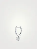 18K White Gold Diamond Huggie Hoop Earring With Heart Diamond Drop
