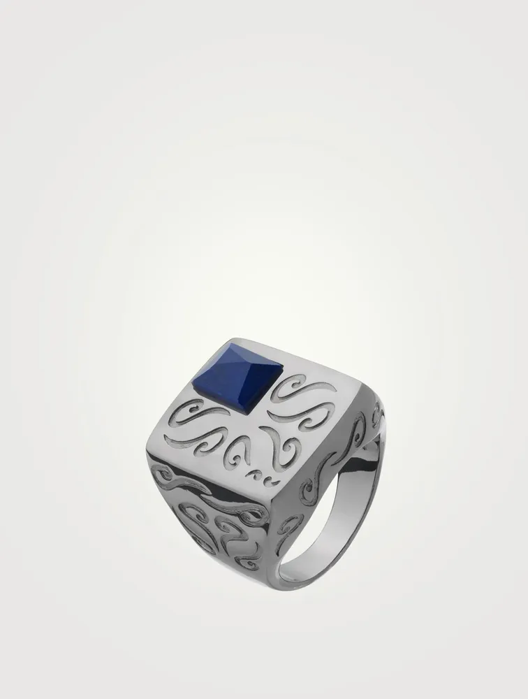 Ara Rectangular Burnished Silver Ring With Lapis