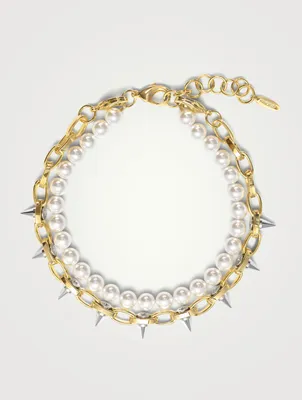 20K Gold Plated Layered Single Row Spike Necklace With Faux Pearls