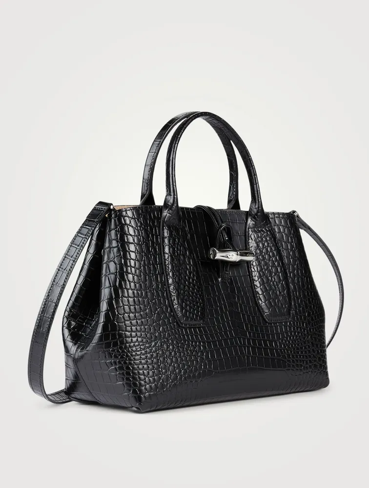 Medium Roseau Croc-Embossed Leather Top Handle Bag