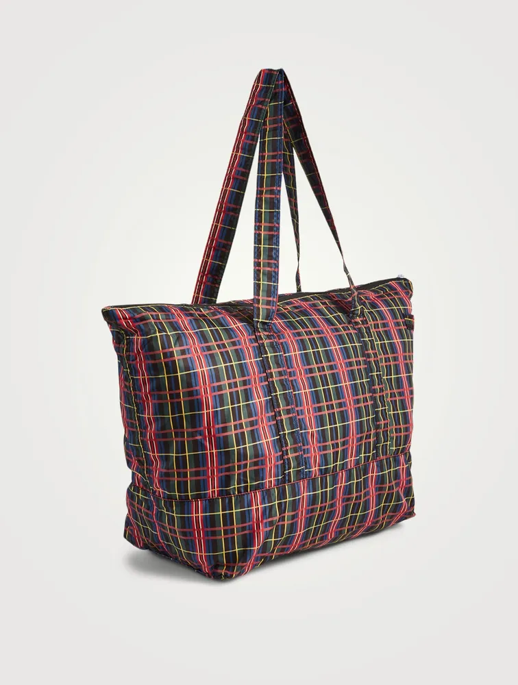 Large Organic Cotton Packable Tote Bag In Check Print