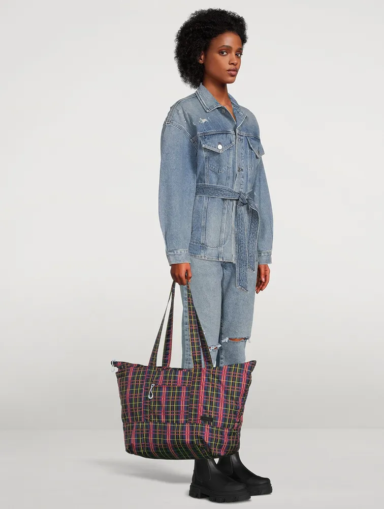 Large Organic Cotton Packable Tote Bag In Check Print