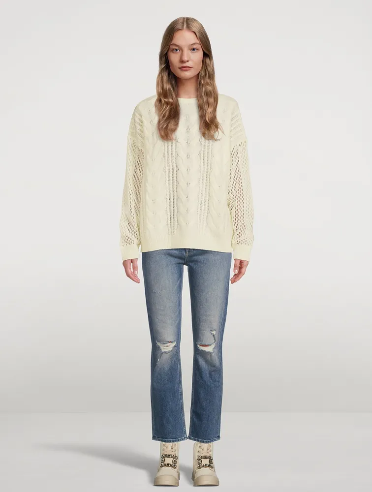 Open Cable Merino Wool Cashmere Crewneck Sweater