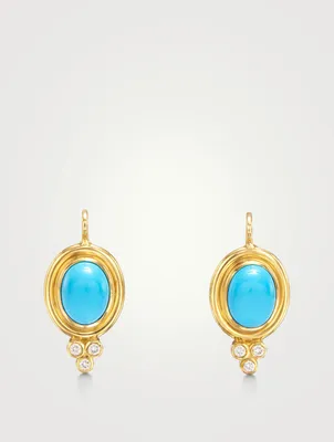 18K Gold Classic Temple Drop Earrings With Turquoise And Diamonds