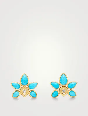 18K Gold Lotus Earrings With Turquoise And Diamonds