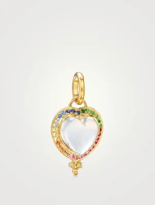 18K Gold Rock Crystal Heart Pendant With Multicolour Stones