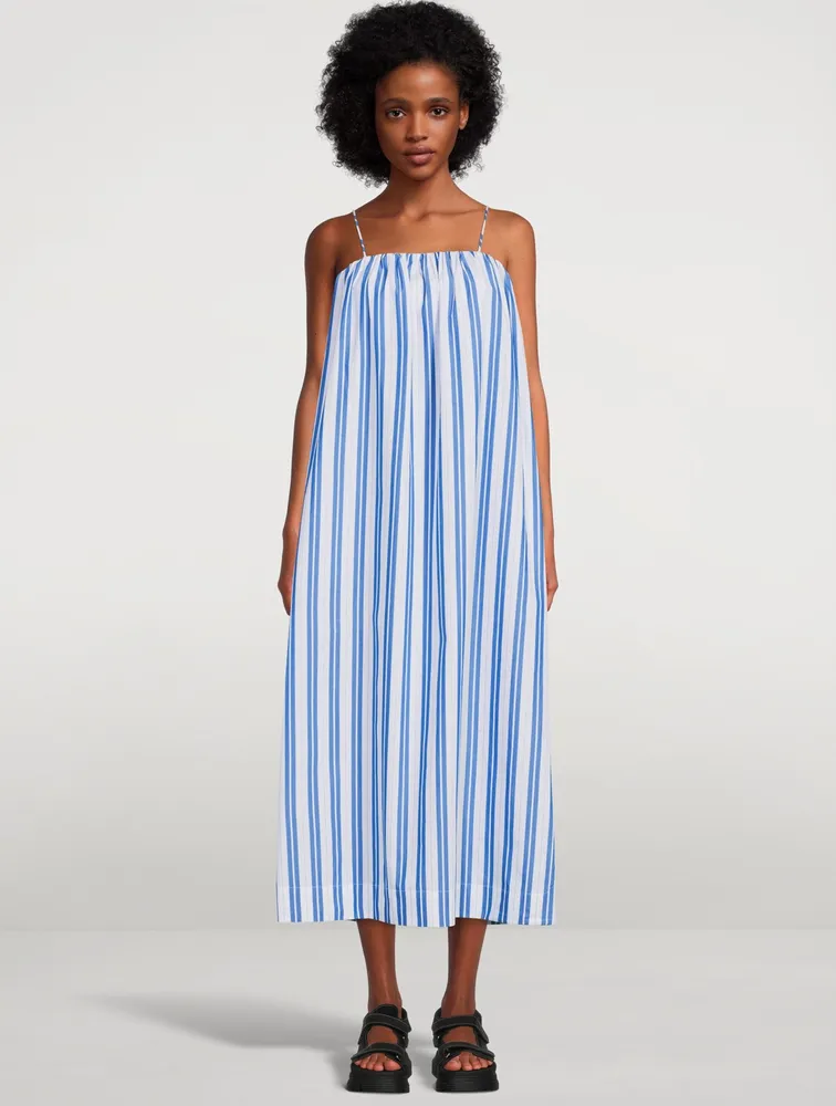 Cotton Strapless Midi Dress Striped Print