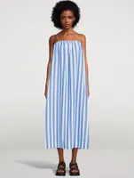 Cotton Strapless Midi Dress Striped Print