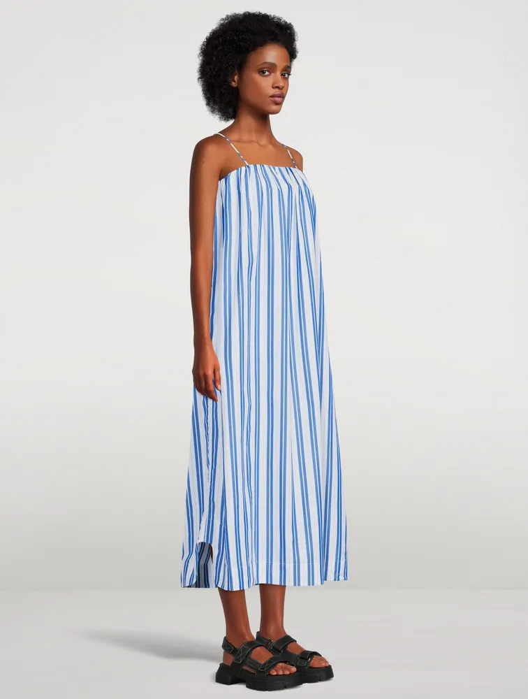 Cotton Strapless Midi Dress Striped Print