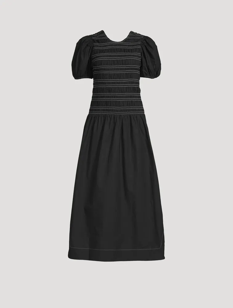 Puff-Sleeve Smocked Organic Cotton Midi Dress